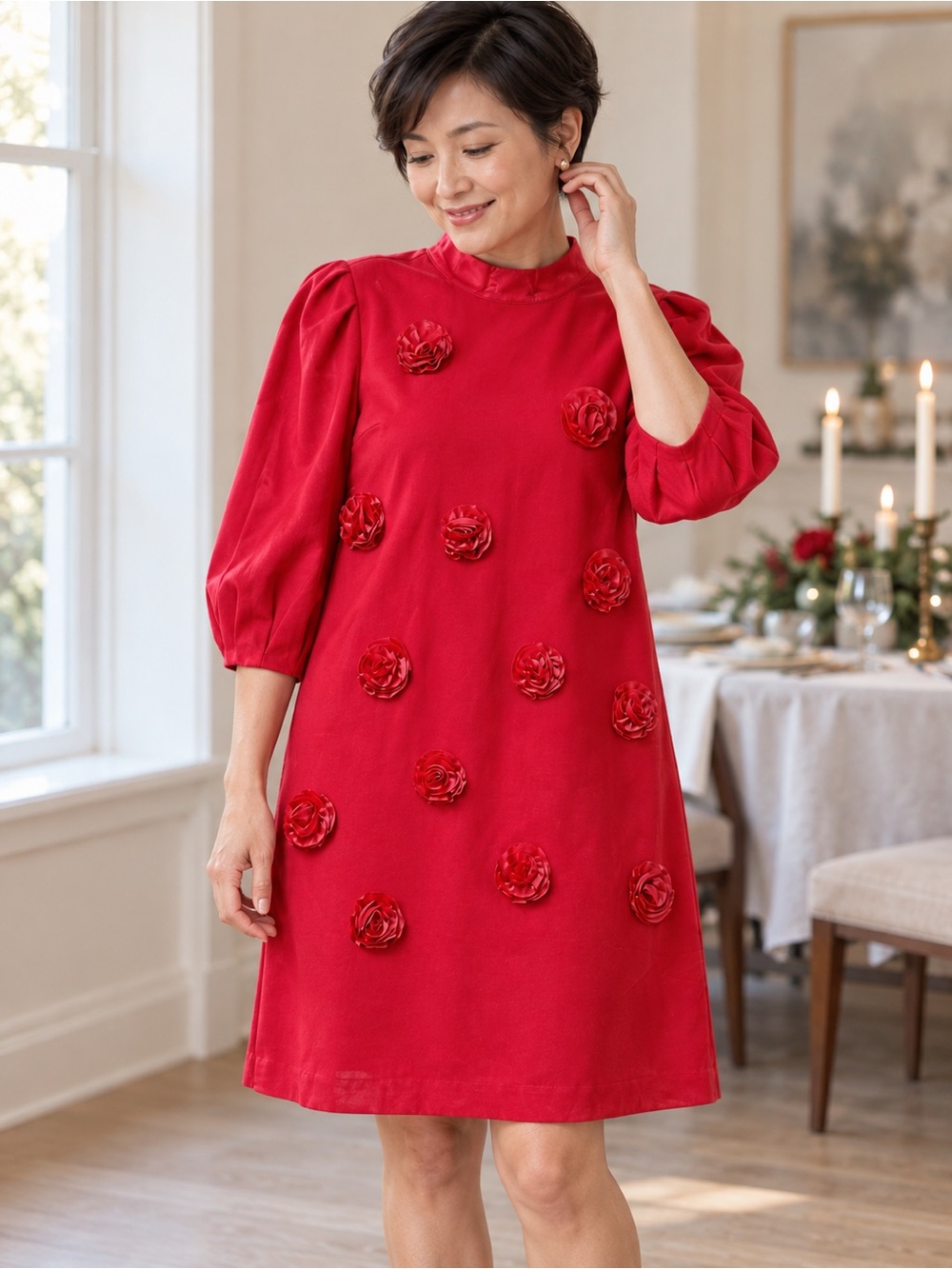 Tyler Boe Shift Dress Womens Classic Red Size L Rosette Puff Sleeve NWT